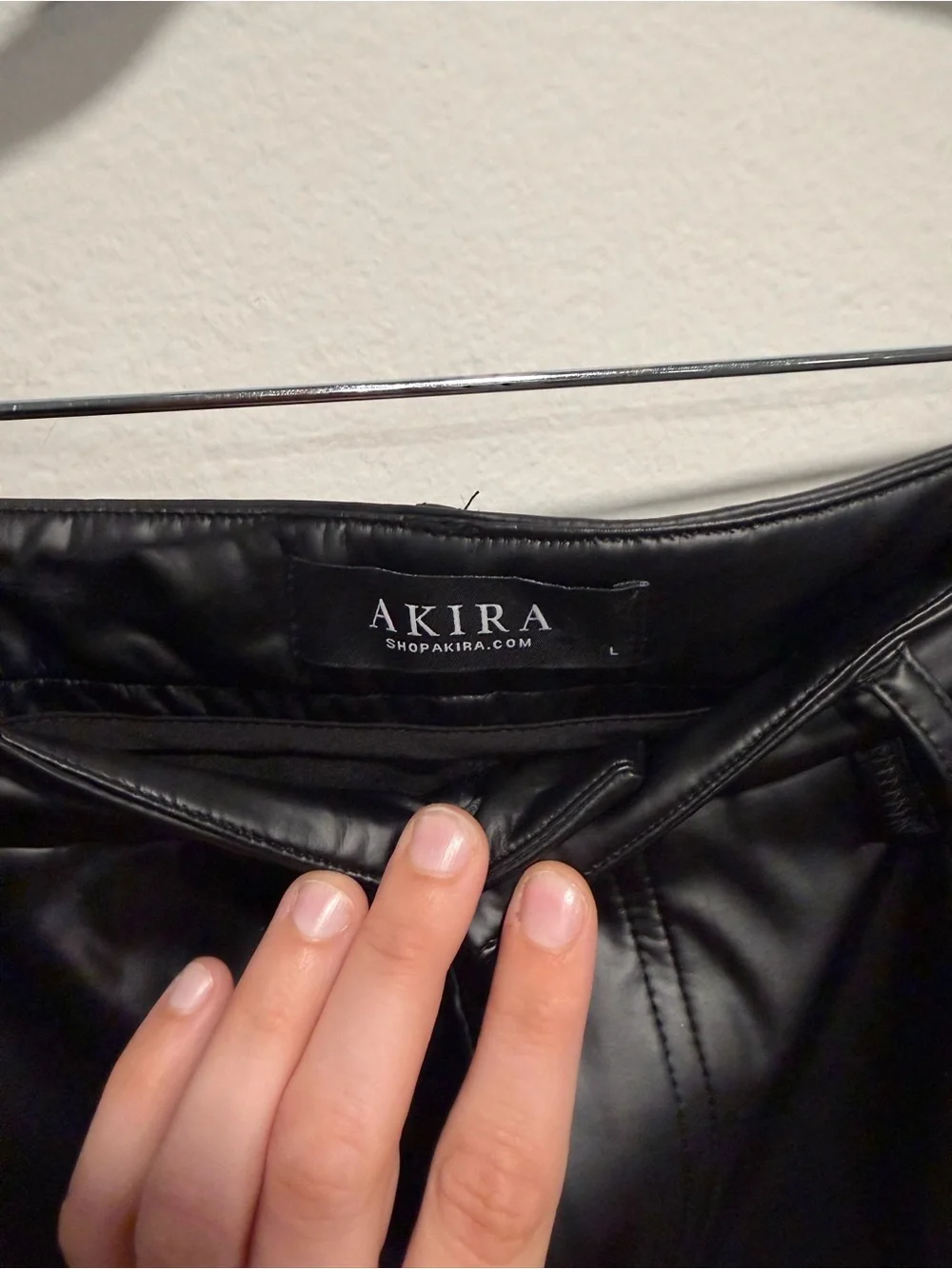 AKIRA Black Faux Leather Feather-Trim Shorts